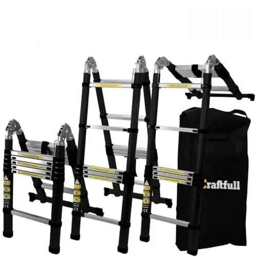 Produktbild: 𝐂𝐑𝐀𝐅𝐓𝐅𝐔𝐋𝐋 Alu Teleskopleiter Klappleiter CF-102A - 𝟑 𝐉𝐀𝐇𝐑𝐄 𝐆𝐀𝐑𝐀𝐍𝐓𝐈𝐄 - Tragetasche - Leiter - Anlegeleiter - Trittleiter (2 x 2.8 Meter (Total 5.6 m) Black Edition)